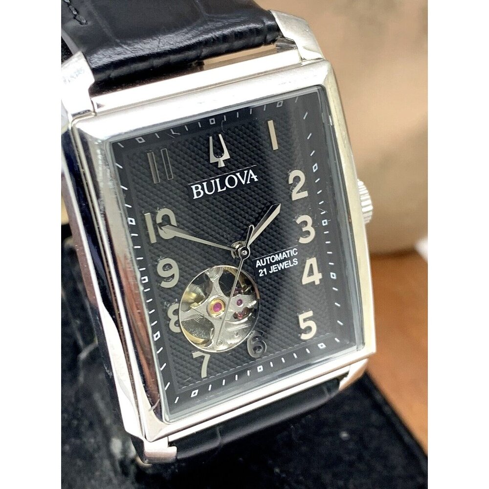Bulova Men's Watch 96A269 Automatic Black Dial Leather Strap Rectangle 33x40mm